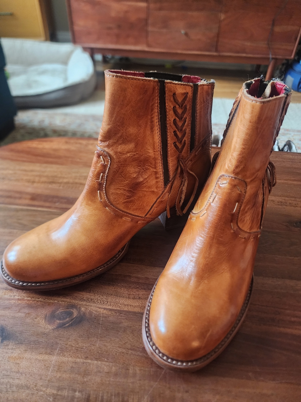 Bed Stu Celestine Pecan Leather Ankle Booties with Braided Side Detail
